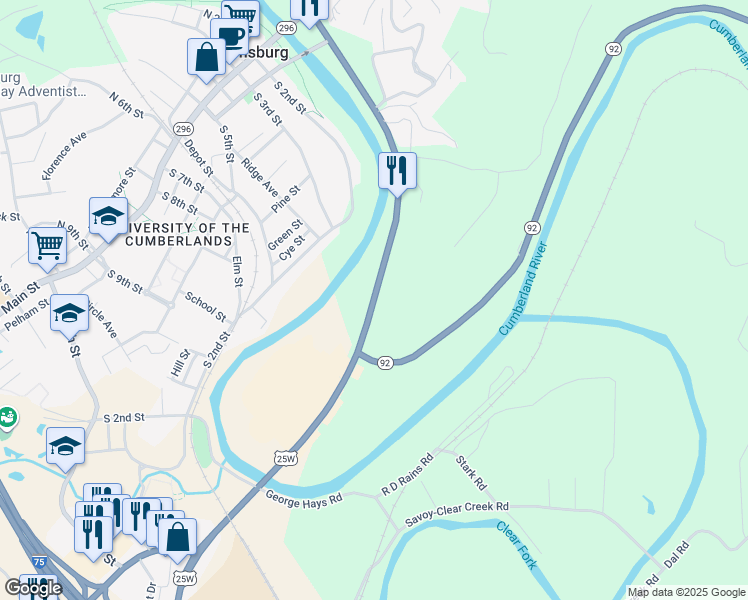 map of restaurants, bars, coffee shops, grocery stores, and more near 726 Cumberland Falls Highway in Williamsburg