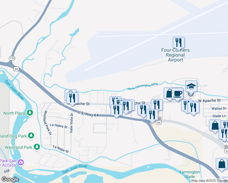 map of restaurants, bars, coffee shops, grocery stores, and more near 2114 West Apache Street in Farmington