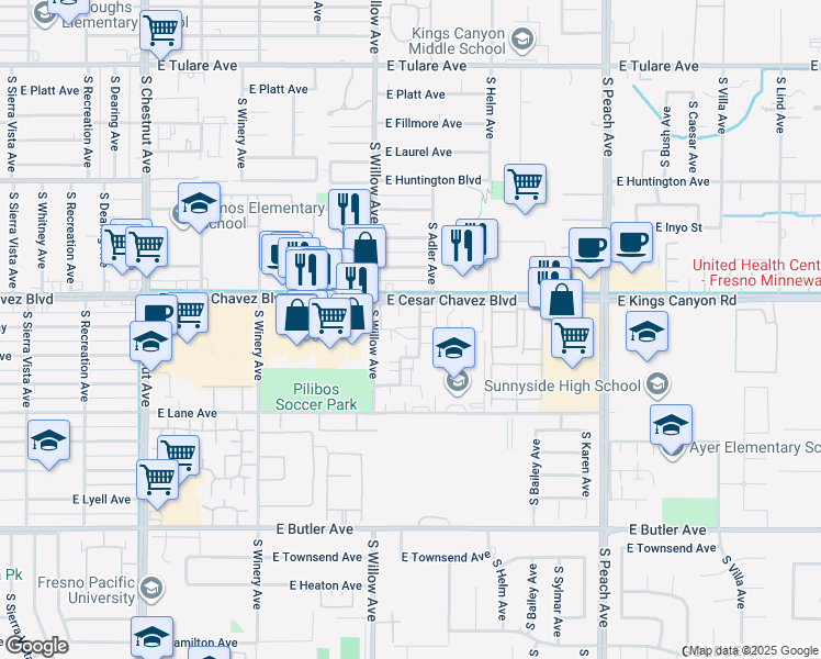 map of restaurants, bars, coffee shops, grocery stores, and more near 757 South Adler Avenue in Fresno