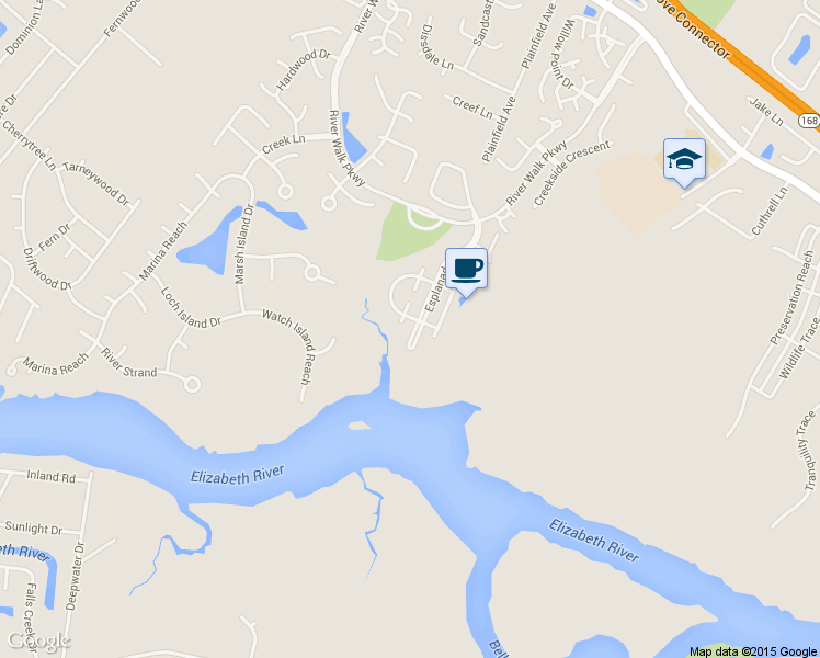 map of restaurants, bars, coffee shops, grocery stores, and more near 120 Esplanade Place in Chesapeake