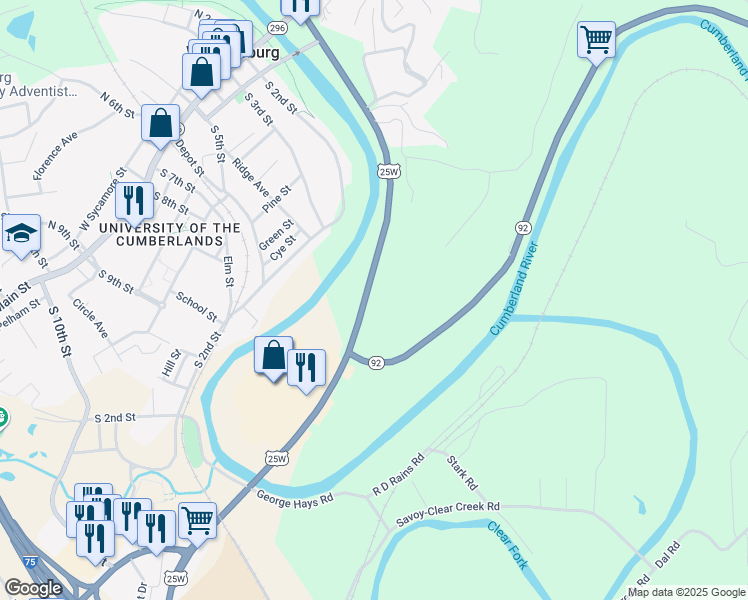 map of restaurants, bars, coffee shops, grocery stores, and more near 726-732 Cumberland Falls Highway in Williamsburg