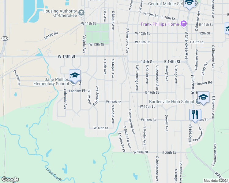 map of restaurants, bars, coffee shops, grocery stores, and more near 1532 South Maple Avenue in Bartlesville