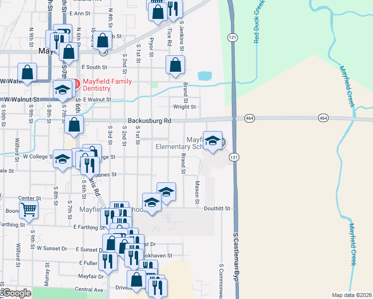 map of restaurants, bars, coffee shops, grocery stores, and more near 501-699 Brand St in Mayfield