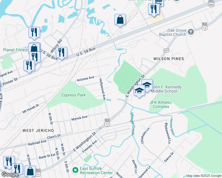 map of restaurants, bars, coffee shops, grocery stores, and more near 2211 Kentucky Avenue in Suffolk