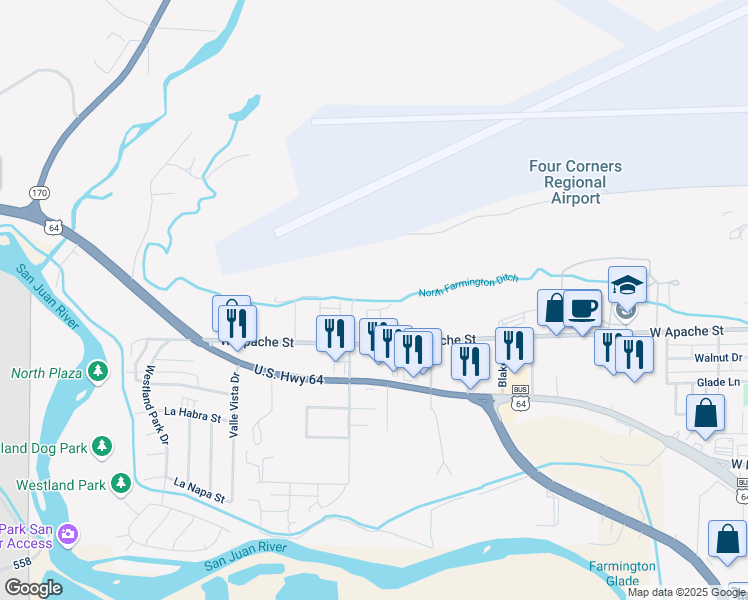 map of restaurants, bars, coffee shops, grocery stores, and more near 2114 West Apache Street in Farmington