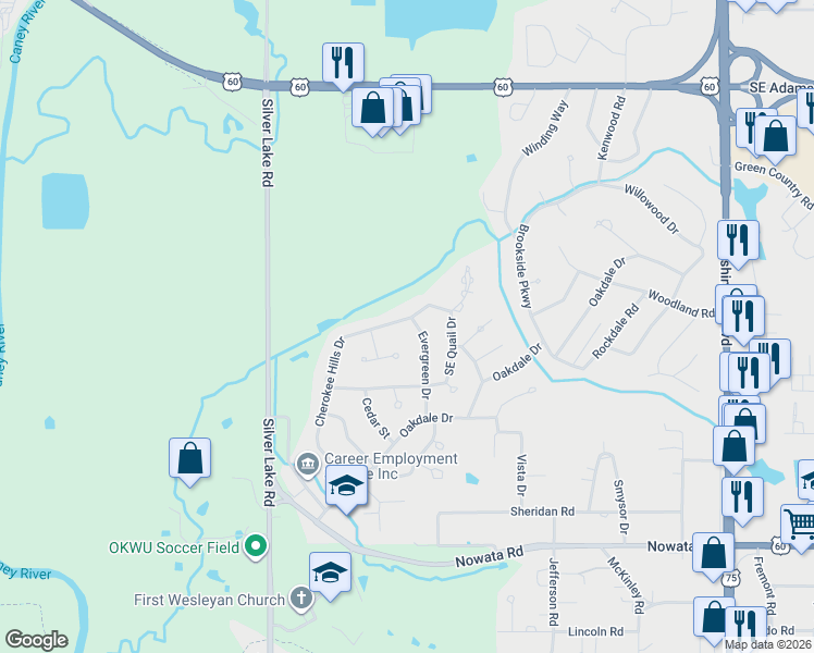 map of restaurants, bars, coffee shops, grocery stores, and more near 1301 Evergreen Drive in Bartlesville