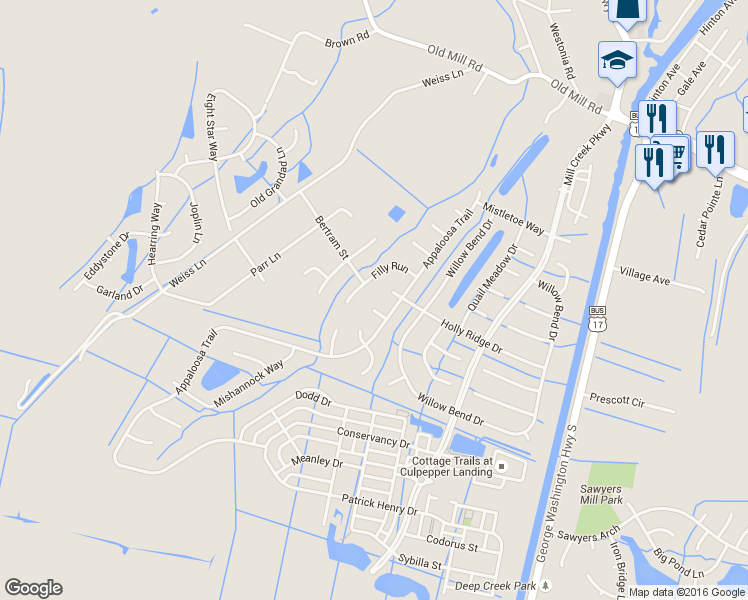 map of restaurants, bars, coffee shops, grocery stores, and more near 3404 Indianola Court in Chesapeake
