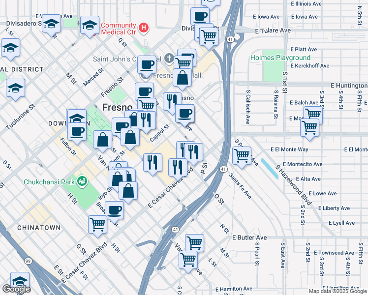 map of restaurants, bars, coffee shops, grocery stores, and more near in Fresno