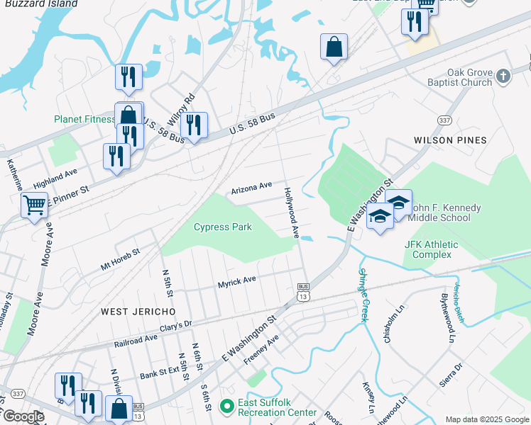 map of restaurants, bars, coffee shops, grocery stores, and more near 2104 Kentucky Avenue in Suffolk