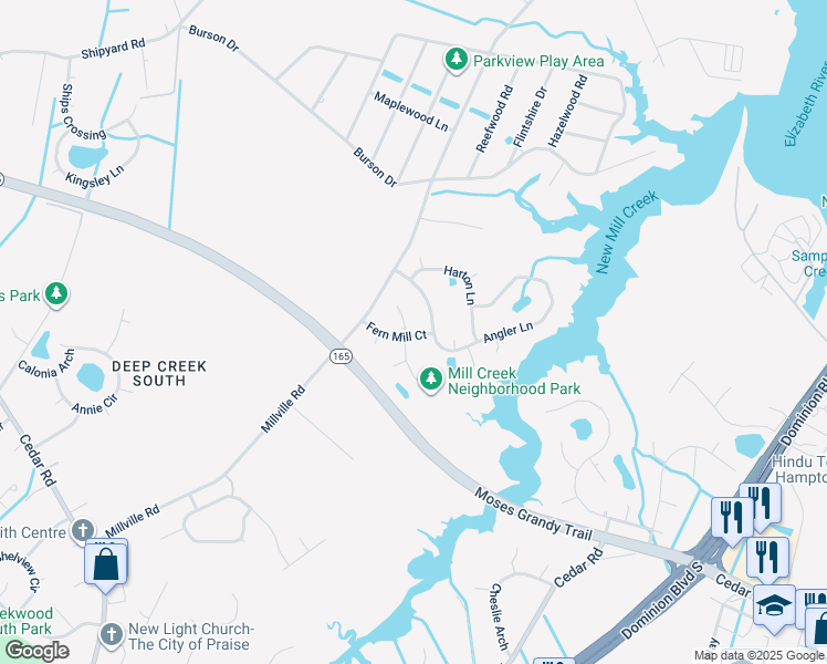 map of restaurants, bars, coffee shops, grocery stores, and more near 2023 Aldrich Court in Chesapeake