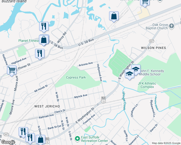 map of restaurants, bars, coffee shops, grocery stores, and more near 2104 Kentucky Avenue in Suffolk