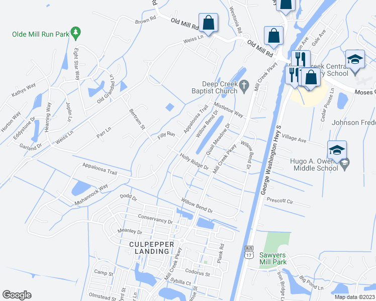 map of restaurants, bars, coffee shops, grocery stores, and more near 701 Willow Bend Drive in Chesapeake