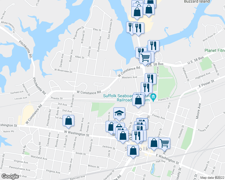 map of restaurants, bars, coffee shops, grocery stores, and more near 315 West Constance Road in Suffolk