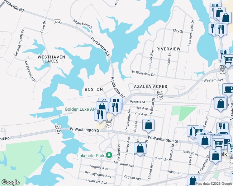 map of restaurants, bars, coffee shops, grocery stores, and more near 501 Pitchkettle Road in Suffolk