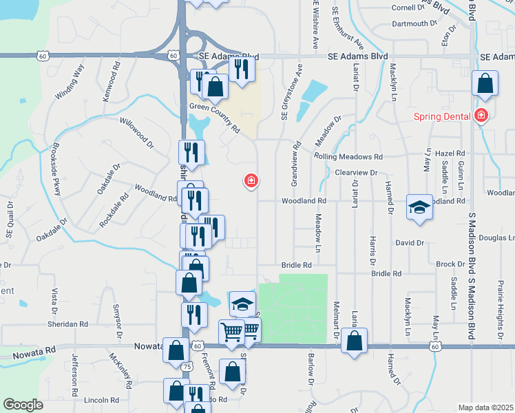 map of restaurants, bars, coffee shops, grocery stores, and more near 4201 Woodland Road in Bartlesville