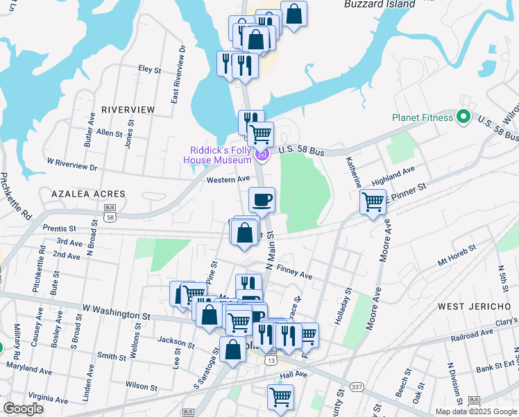 map of restaurants, bars, coffee shops, grocery stores, and more near 409 N Main St in Suffolk