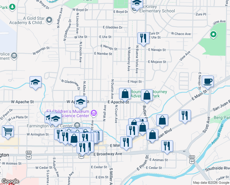 map of restaurants, bars, coffee shops, grocery stores, and more near 569-599 North Dustin Avenue in Farmington