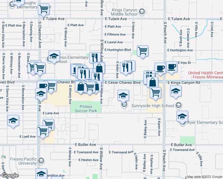 map of restaurants, bars, coffee shops, grocery stores, and more near 757 South Adler Avenue in Fresno