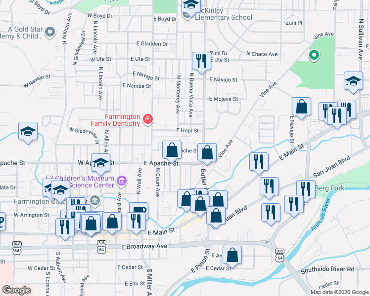 map of restaurants, bars, coffee shops, grocery stores, and more near 508 East Comanche Street in Farmington