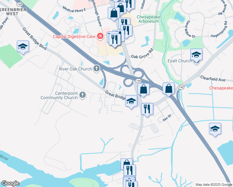 map of restaurants, bars, coffee shops, grocery stores, and more near Fairwind Drive in Chesapeake