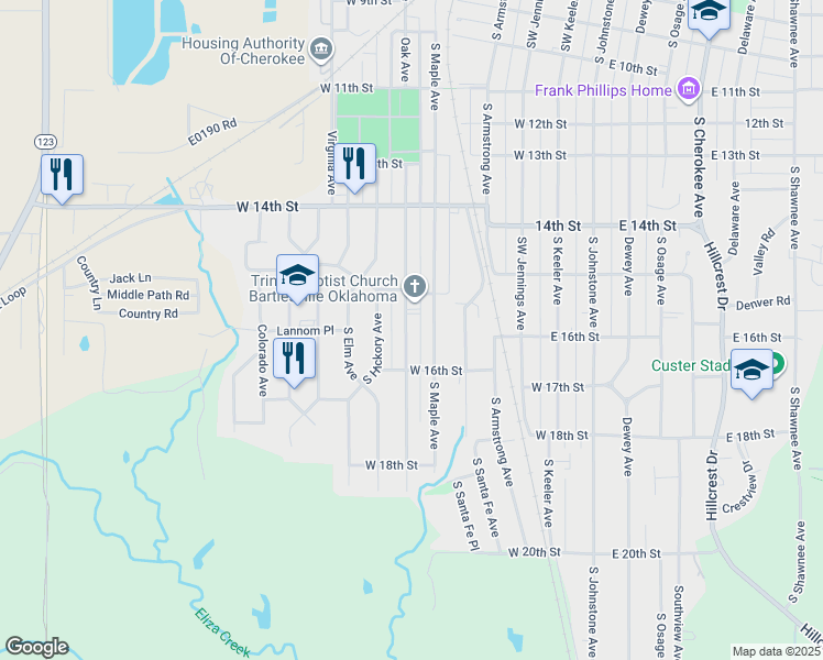 map of restaurants, bars, coffee shops, grocery stores, and more near 1530 Oak Avenue in Bartlesville