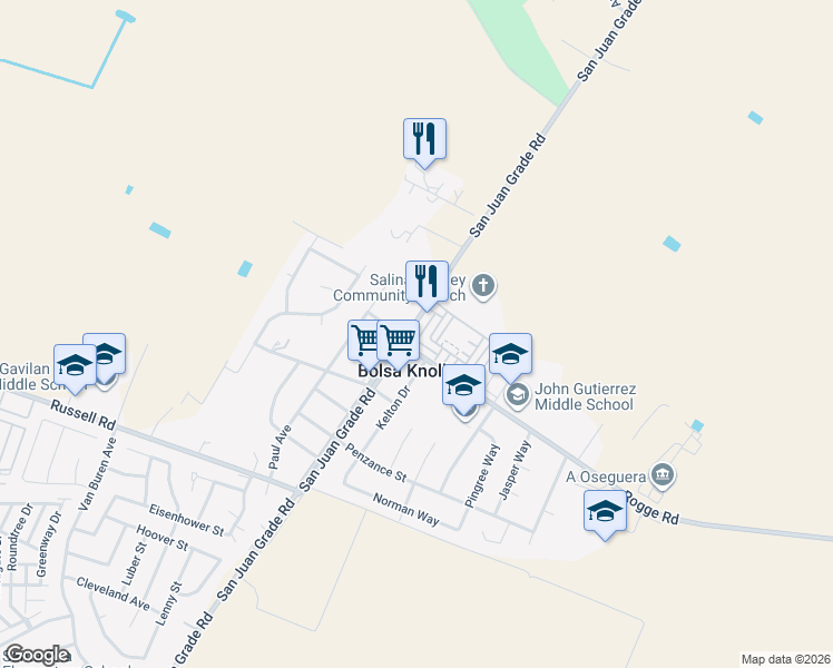 map of restaurants, bars, coffee shops, grocery stores, and more near 350 San Juan Grade Road in Salinas