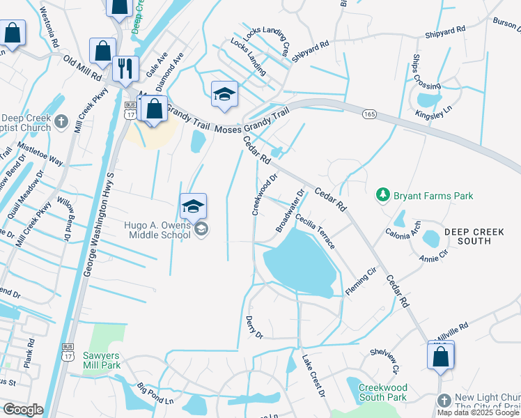 map of restaurants, bars, coffee shops, grocery stores, and more near 2708 Admiralty Court in Chesapeake