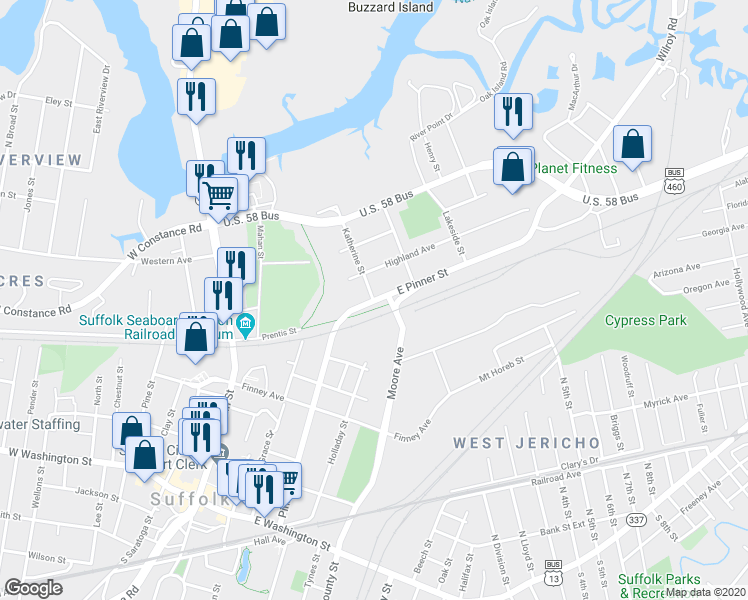 map of restaurants, bars, coffee shops, grocery stores, and more near 2 Katherine Street in Suffolk
