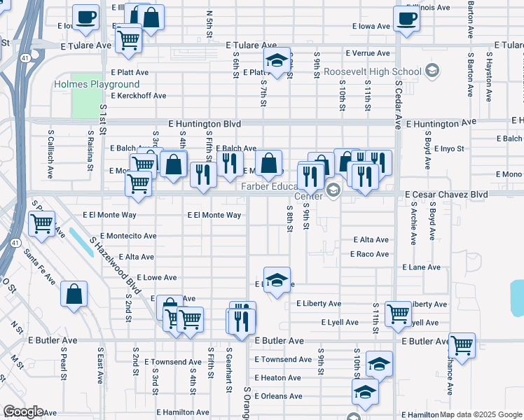 map of restaurants, bars, coffee shops, grocery stores, and more near 750 South 7th Street in Fresno