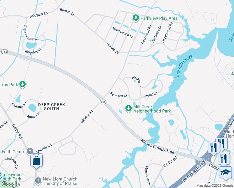 map of restaurants, bars, coffee shops, grocery stores, and more near 2312 Fern Mill in Chesapeake