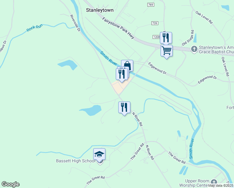 map of restaurants, bars, coffee shops, grocery stores, and more near 405 Riverside Drive in Bassett