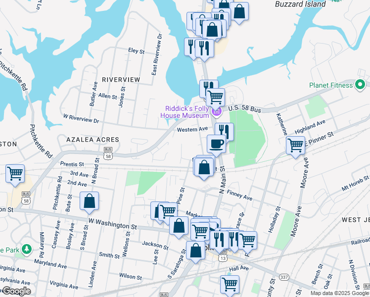 map of restaurants, bars, coffee shops, grocery stores, and more near 122 Day Street in Suffolk