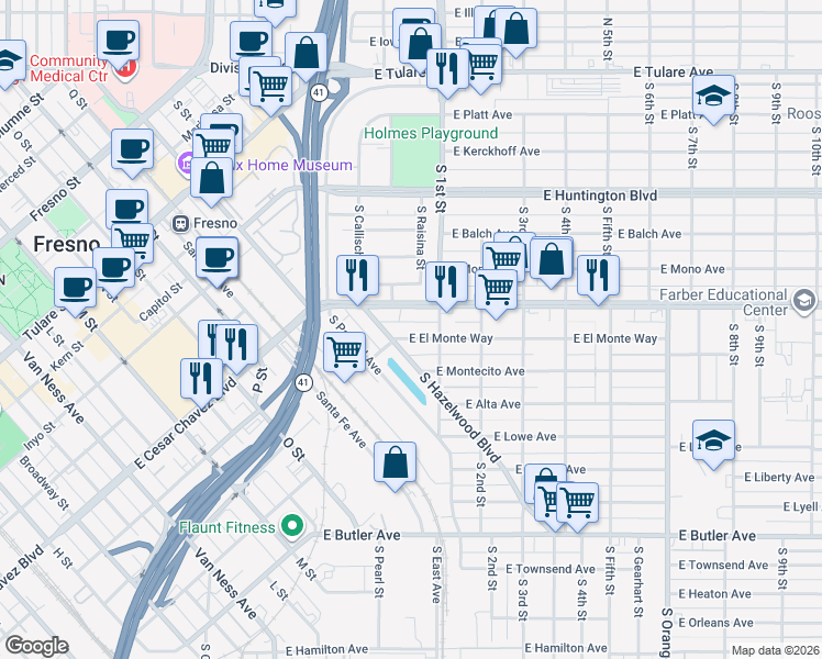 map of restaurants, bars, coffee shops, grocery stores, and more near 3045 East El Monte Way in Fresno