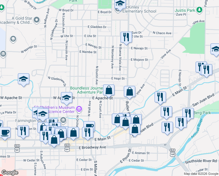 map of restaurants, bars, coffee shops, grocery stores, and more near 406 East Comanche Street in Farmington