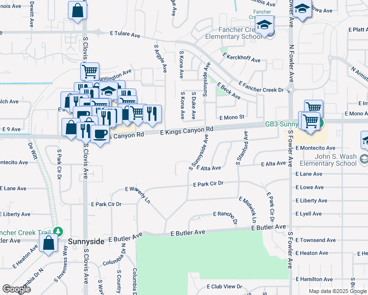 map of restaurants, bars, coffee shops, grocery stores, and more near 5790 East Kings Canyon Road in Fresno