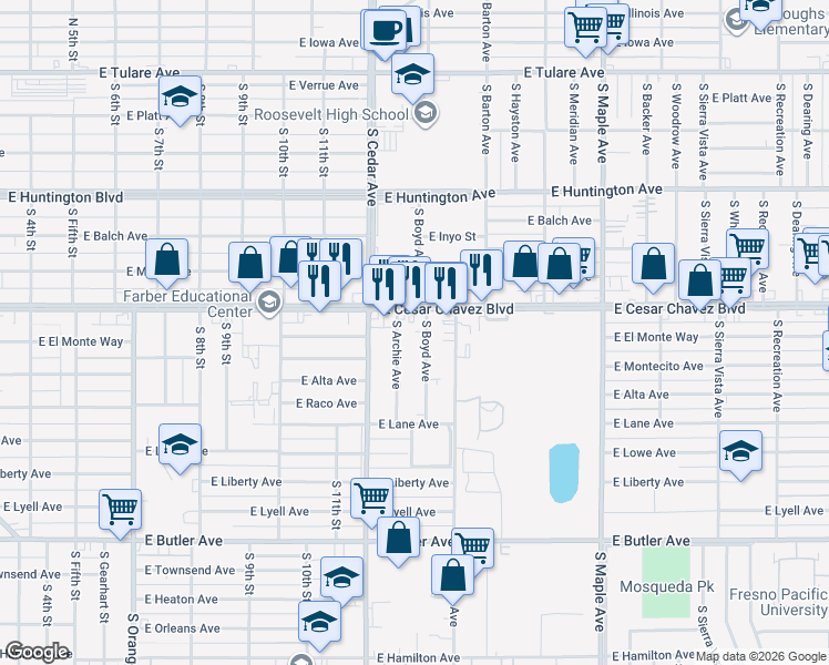 map of restaurants, bars, coffee shops, grocery stores, and more near 746 South Boyd Avenue in Fresno