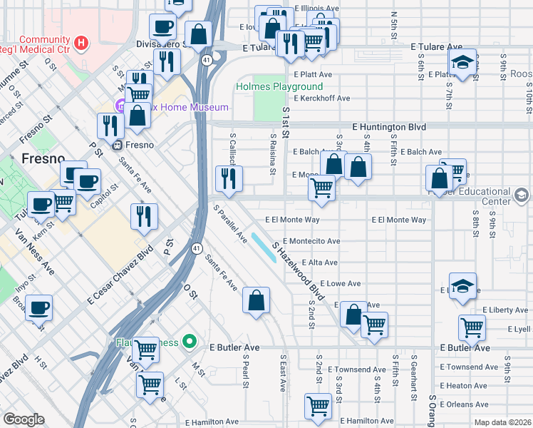 map of restaurants, bars, coffee shops, grocery stores, and more near 3045 East El Monte Way in Fresno