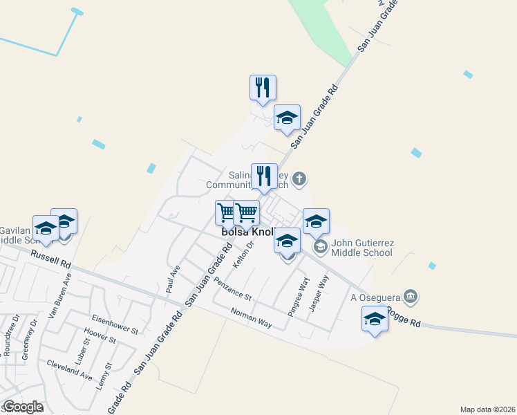 map of restaurants, bars, coffee shops, grocery stores, and more near 350 San Juan Grade Road in Salinas