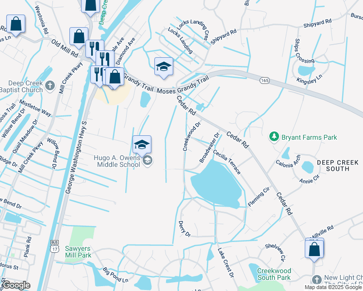 map of restaurants, bars, coffee shops, grocery stores, and more near 2708 Admiralty Court in Chesapeake