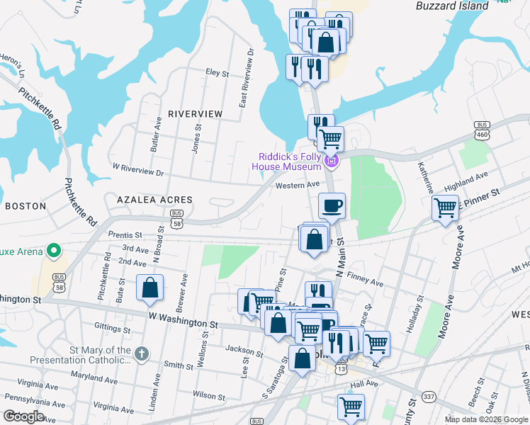 map of restaurants, bars, coffee shops, grocery stores, and more near 315 West Constance Road in Suffolk