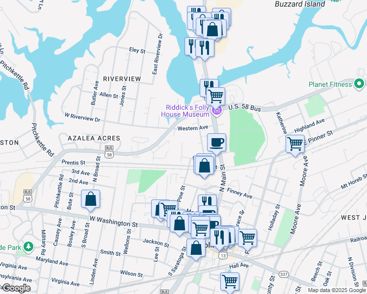 map of restaurants, bars, coffee shops, grocery stores, and more near 122 Day Street in Suffolk