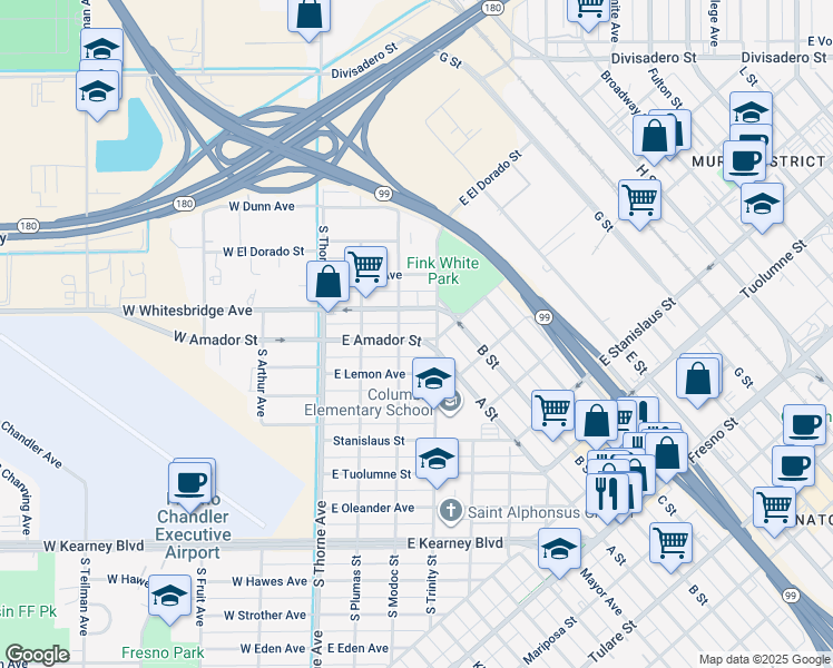 map of restaurants, bars, coffee shops, grocery stores, and more near 225 East Amador Street in Fresno