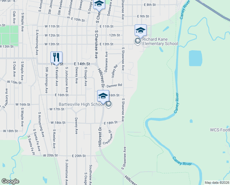 map of restaurants, bars, coffee shops, grocery stores, and more near 526 East 16th Street in Bartlesville
