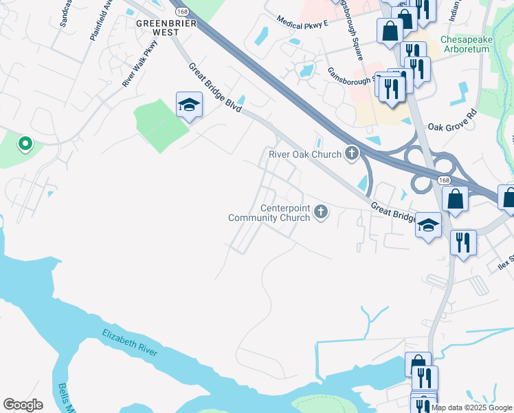 map of restaurants, bars, coffee shops, grocery stores, and more near 329 Preservation Reach in Chesapeake