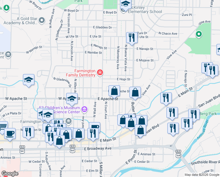map of restaurants, bars, coffee shops, grocery stores, and more near 406 East Comanche Street in Farmington