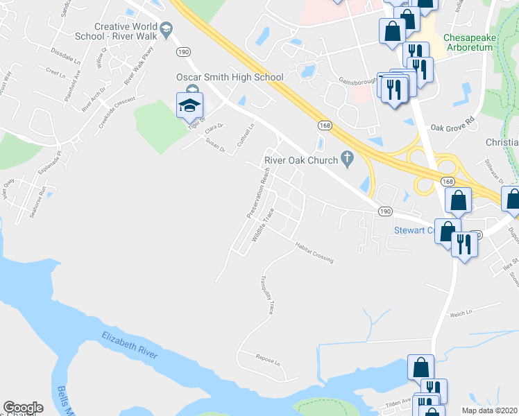 map of restaurants, bars, coffee shops, grocery stores, and more near 329 Preservation Reach in Chesapeake