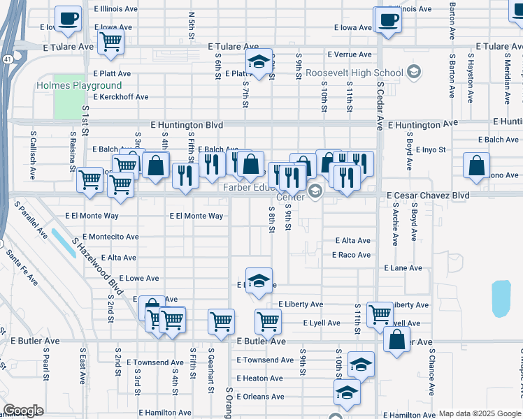 map of restaurants, bars, coffee shops, grocery stores, and more near 3754 East Ventura Avenue in Fresno