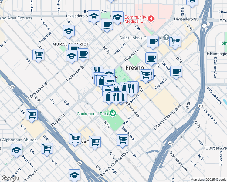 map of restaurants, bars, coffee shops, grocery stores, and more near 1055 Van Ness Avenue in Fresno