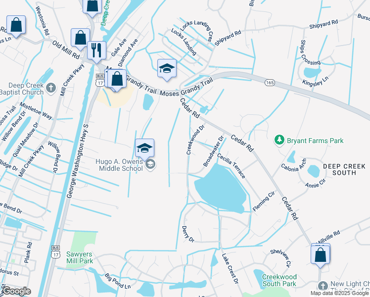 map of restaurants, bars, coffee shops, grocery stores, and more near 2708 Admiralty Court in Chesapeake