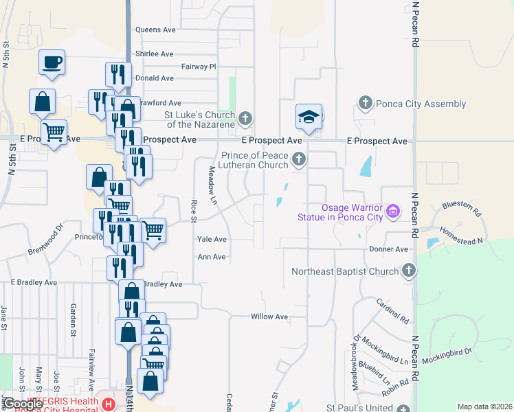map of restaurants, bars, coffee shops, grocery stores, and more near 2432 Kingston Road in Ponca City